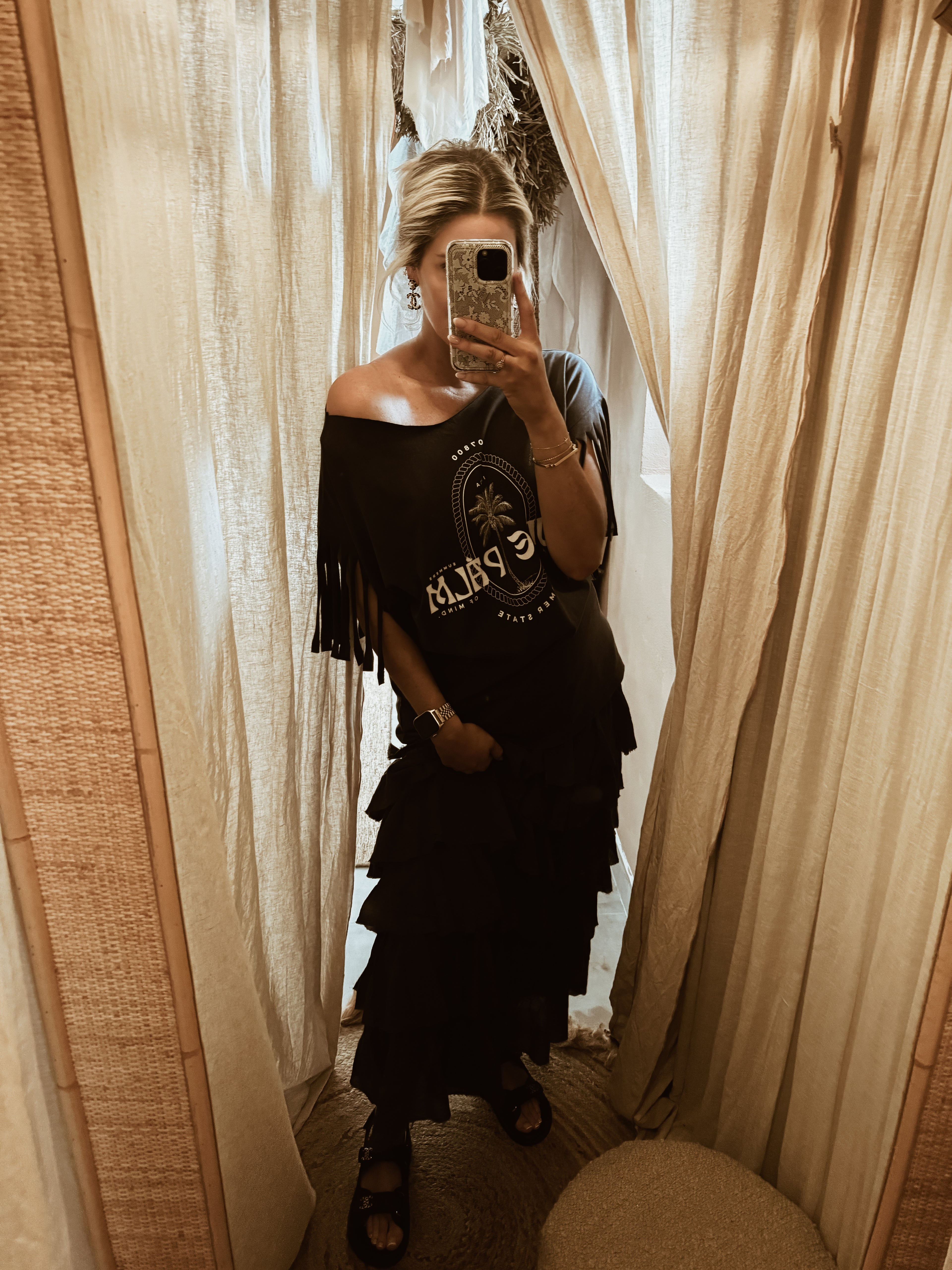 BOHEMÉ FRINGE OFF THE SHOULDER T-SHIRT | ICONIC ISLAND SUN SOAKED BLACK