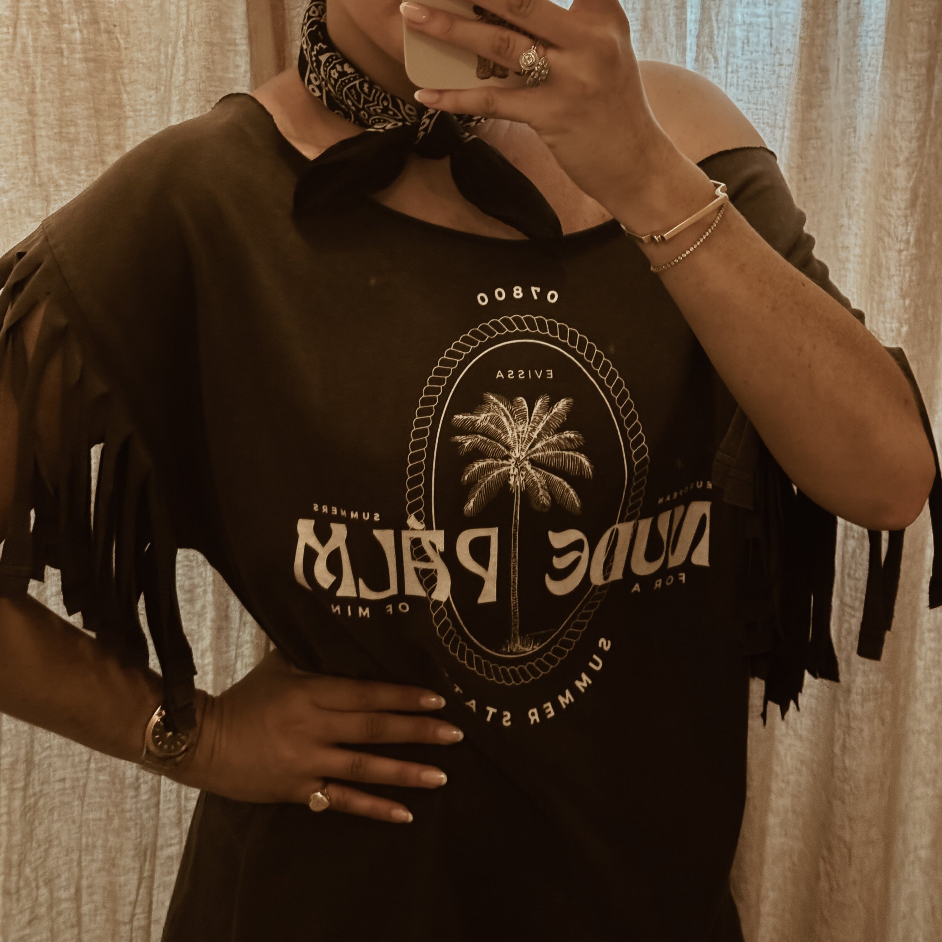 BOHEMÉ FRINGE OFF THE SHOULDER T-SHIRT | ICONIC ISLAND SUN SOAKED BLACK