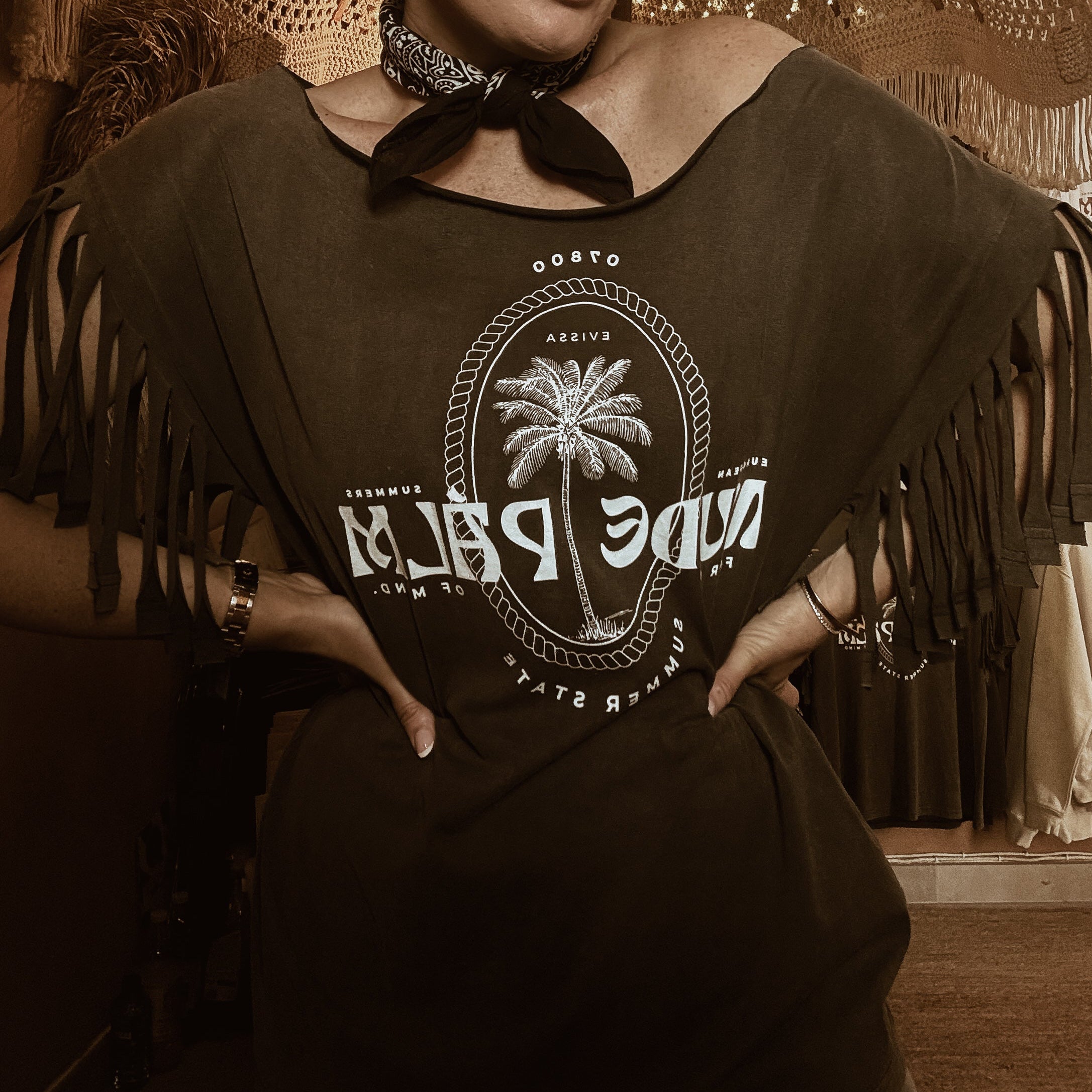 BOHEMÉ FRINGE OFF THE SHOULDER T-SHIRT | ICONIC ISLAND SUN SOAKED BLACK