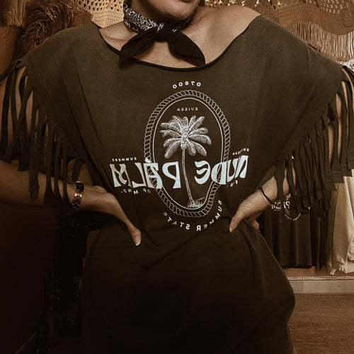 BOHEMÉ FRINGE OFF THE SHOULDER T-SHIRT | ICONIC ISLAND SUN SOAKED BLACK