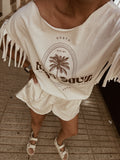 BOHEMÉ FRINGE OFF THE SHOULDER T-SHIRT | ICONIC ISLAND BLANCO