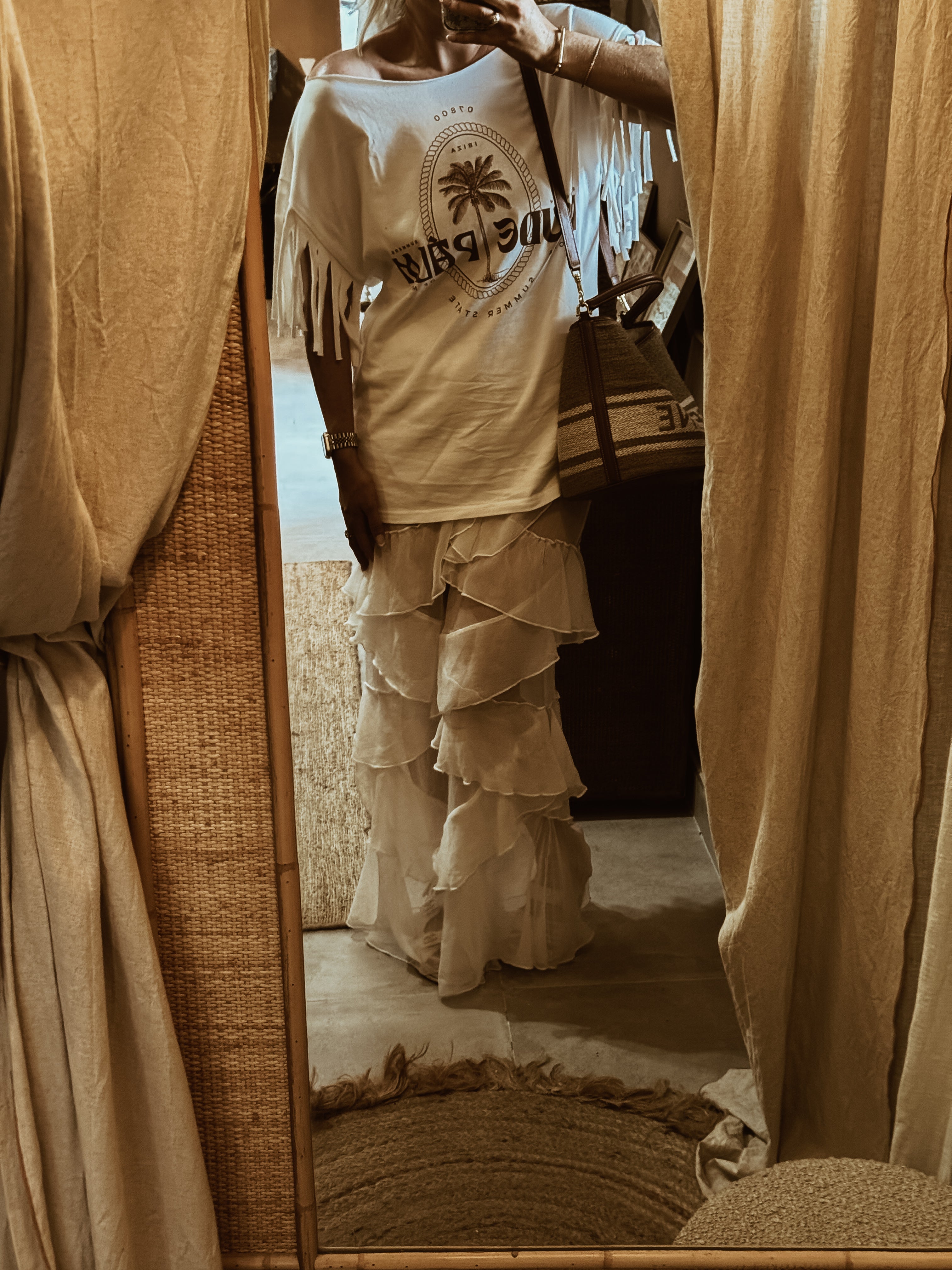 BOHEMÉ FRINGE OFF THE SHOULDER T-SHIRT | ICONIC ISLAND BLANCO